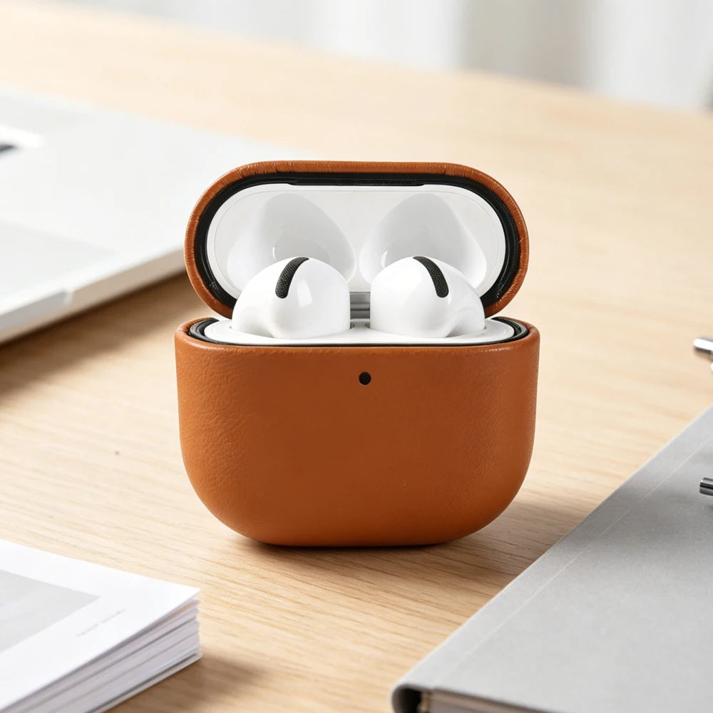 Light Brown eco leather AirPods case, open lid with earbuds in white