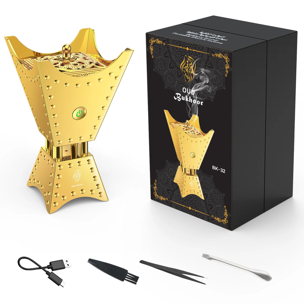 Electric oud incense burner set, gold metal burner, box and included tools