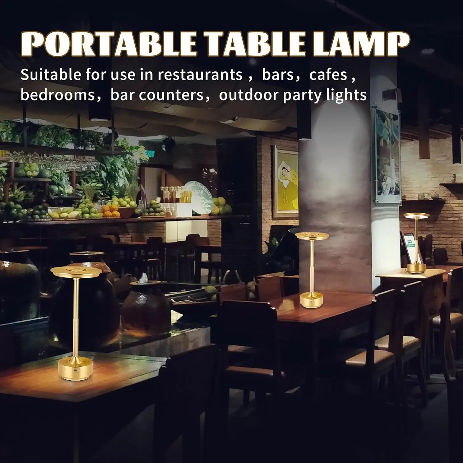 Golden portable table lamp with tall stem and round base on restaurant table