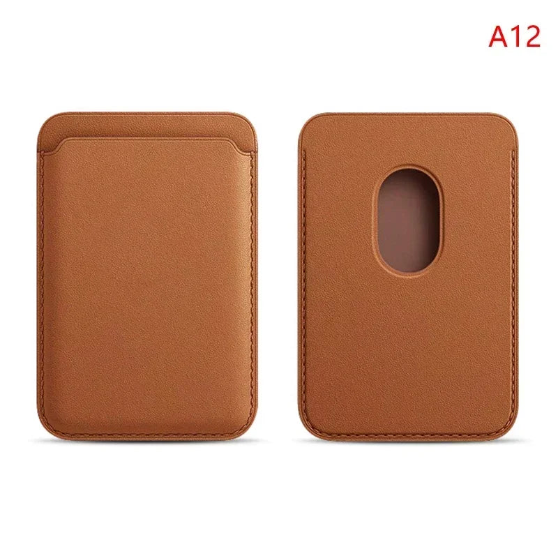 Magnetic wallet in brown leather, back view with oval card window