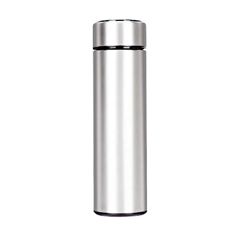 Silver dual-wall smart thermos bottle with stainless steel body and black top
