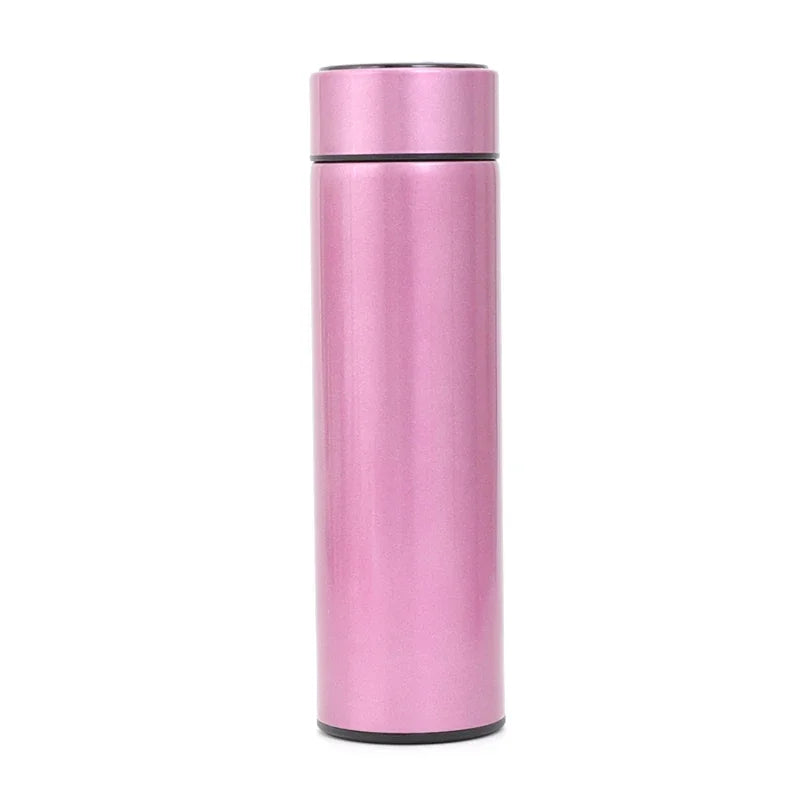 Dual-wall smart thermos, pink body with black lid and bottom ring