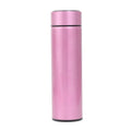 Dual-wall smart thermos, pink body with black lid and bottom ring