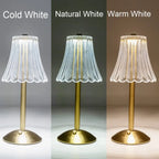 Cordless table lamp showing cold, natural, and warm white light modes on gold base