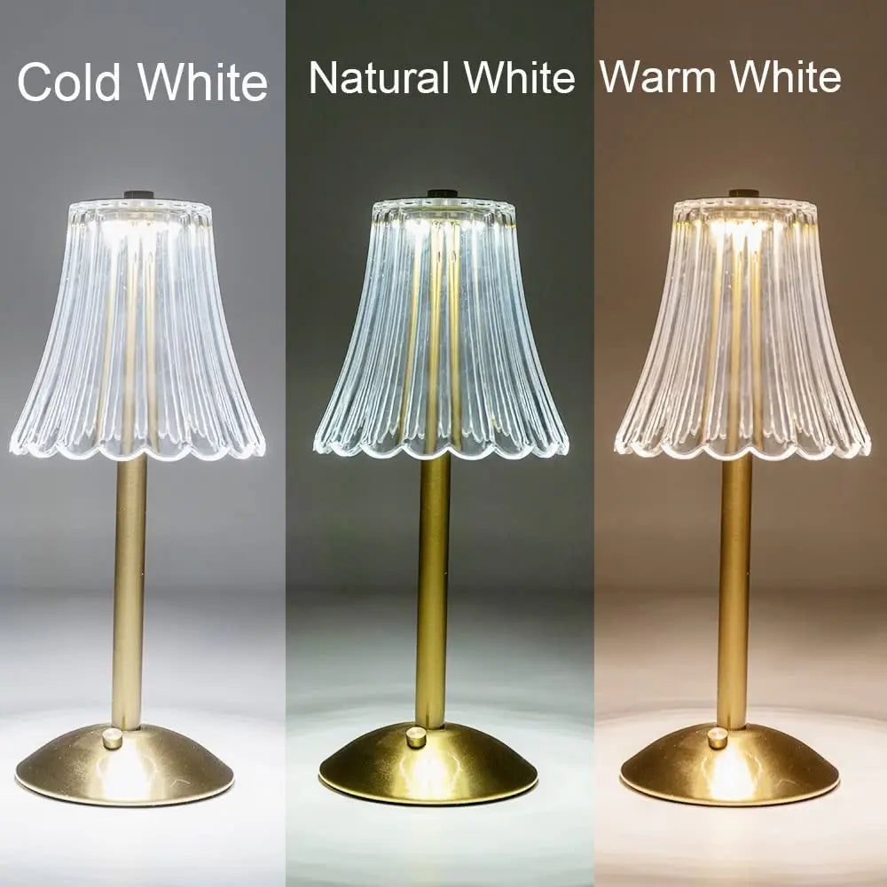 Cordless table lamp showing cold, natural, and warm white light modes on gold base