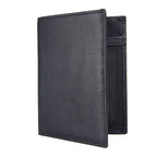 Compact travel document wallet in midnight black, side view with layered card holder.