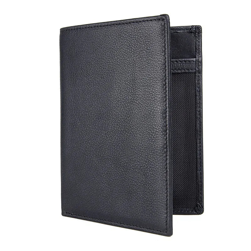 Compact travel document wallet in midnight black, side view with layered card holder.