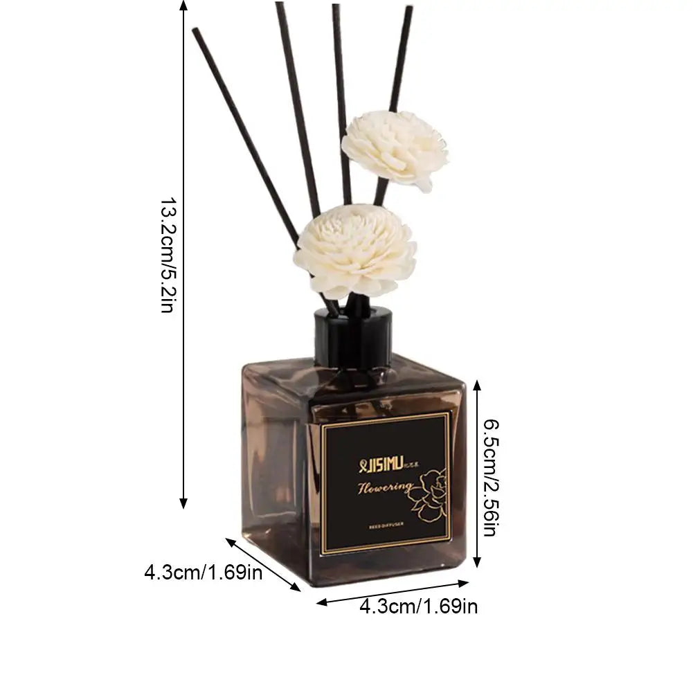 Size diagram of 50ml reed diffuser bottle with black reeds and white flower tops