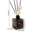 Size diagram of 50ml reed diffuser bottle with black reeds and white flower tops