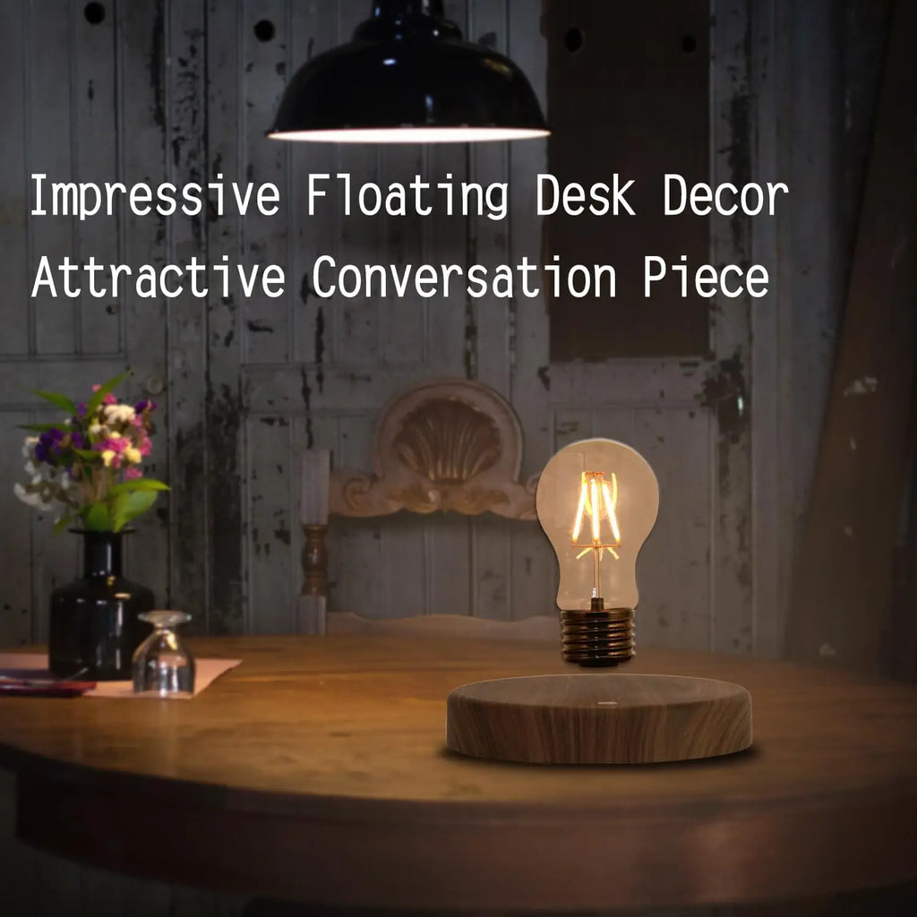 Magnetic levitating LED night lamp on wooden base with lit glass bulb overhead
