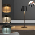 Tri-color wireless touch table lamp with black shade and bronze stem