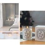 Bougie parfumée en verre AMBRE avec boîte blanche, flamme visible