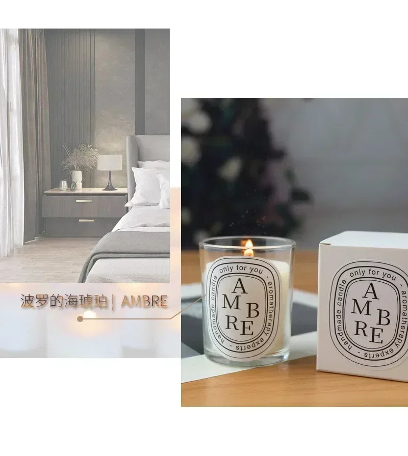 Bougie parfumée en verre AMBRE avec boîte blanche, flamme visible