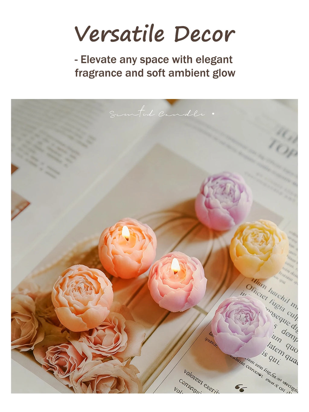 Rose candle gift box set with lit floral wax roses: orange, pink, yellow, purple