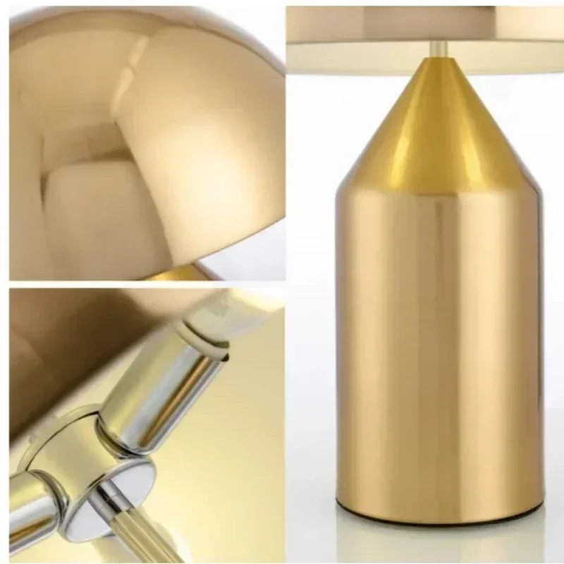 Champagne gold mushroom LED table lamp, close-up of dome head and metal stem