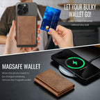 Brown slim leather wallet with card slots, shown attached to a phone