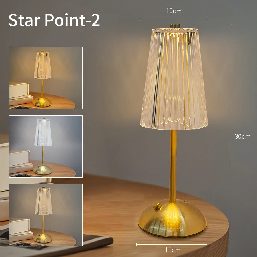Cordless dimmable night lamp with translucent ribbed shade and gold base