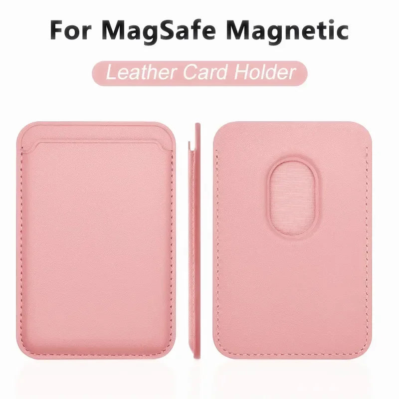 Magnetic card holder, pink leather; front pocket, back oval slot, side magnet strip