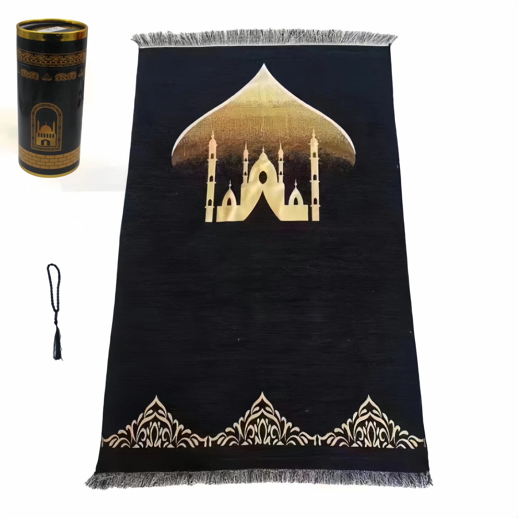 Dark prayer rug with gold mosque illustration, decorative bottom band, and silver fringe