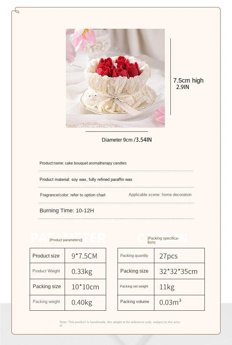 Info card: red heart candle bouquet, 7.5cm high and 9cm diameter