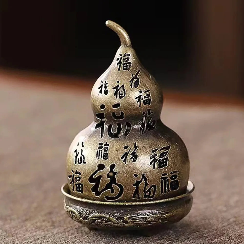 Zinc alloy vertical incense holder shaped like a gourd with blessing symbols, bronze
