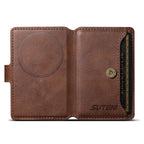 Brown leather MagSafe phone wallet open view with embossed magnetic circle and card slot