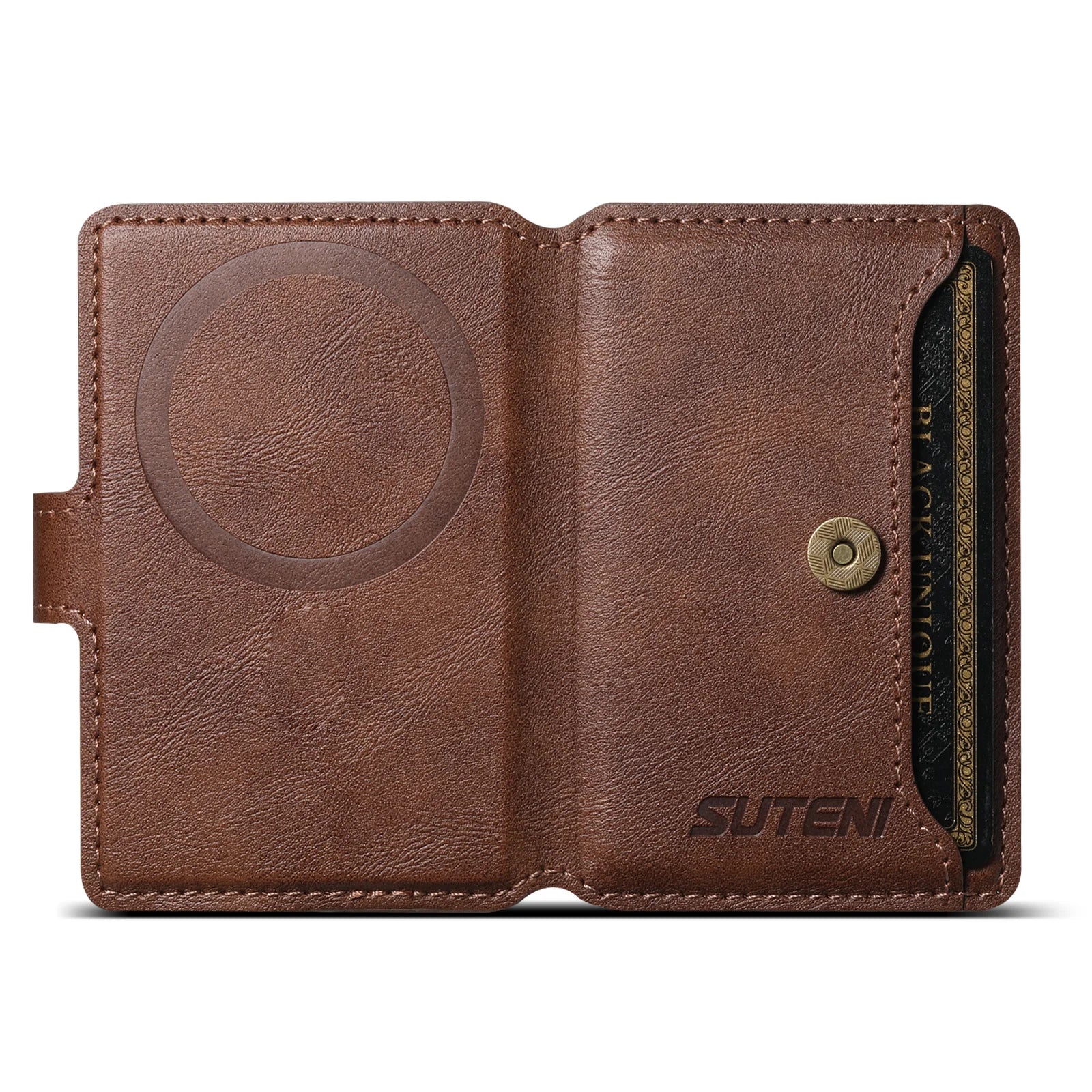 Brown leather MagSafe phone wallet open view with embossed magnetic circle and card slot
