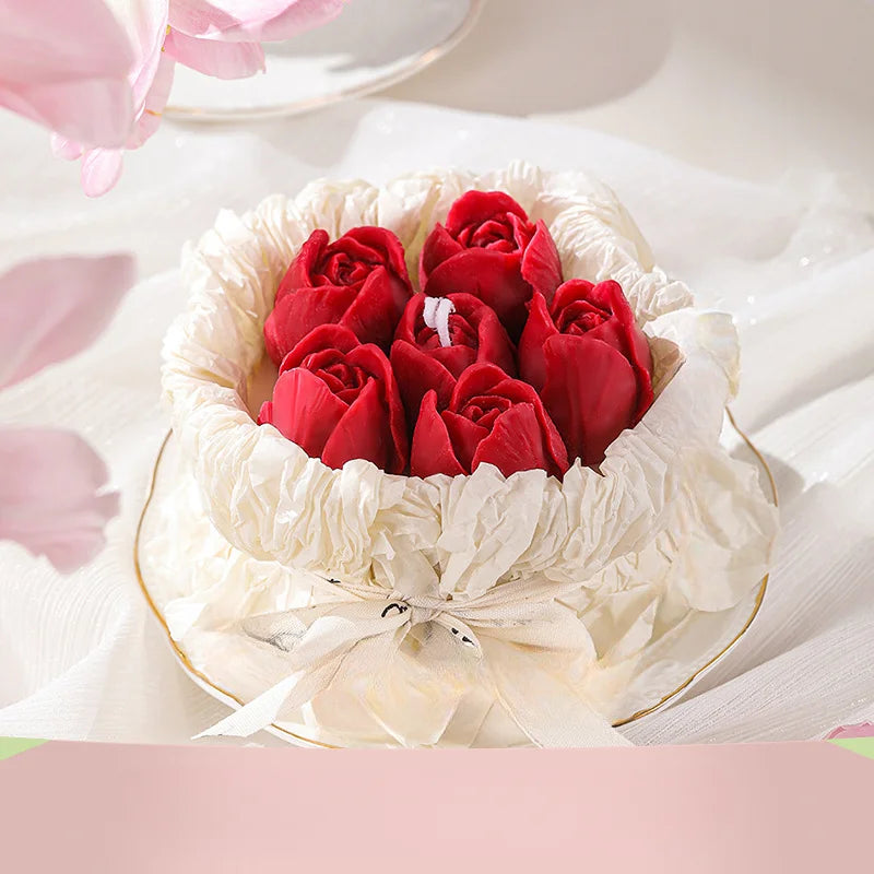 Romantic Bouquet Candle gift box with red rose-shaped candles in heart dish