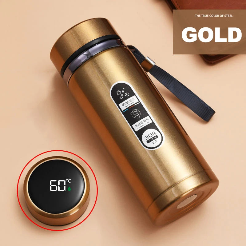 Gold LED thermos flask with 60°C digital display on base button