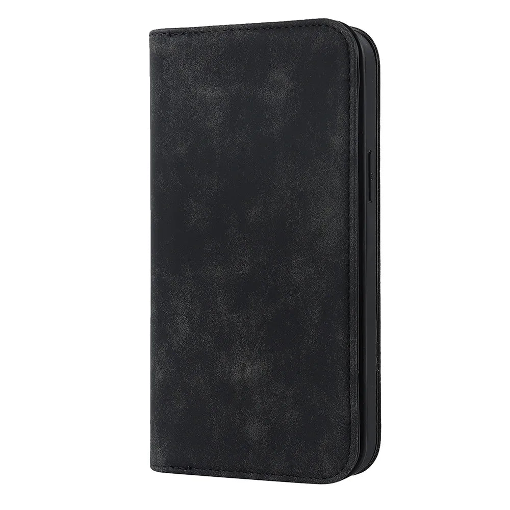 Black MagSafe flip wallet case with textured finish, closed