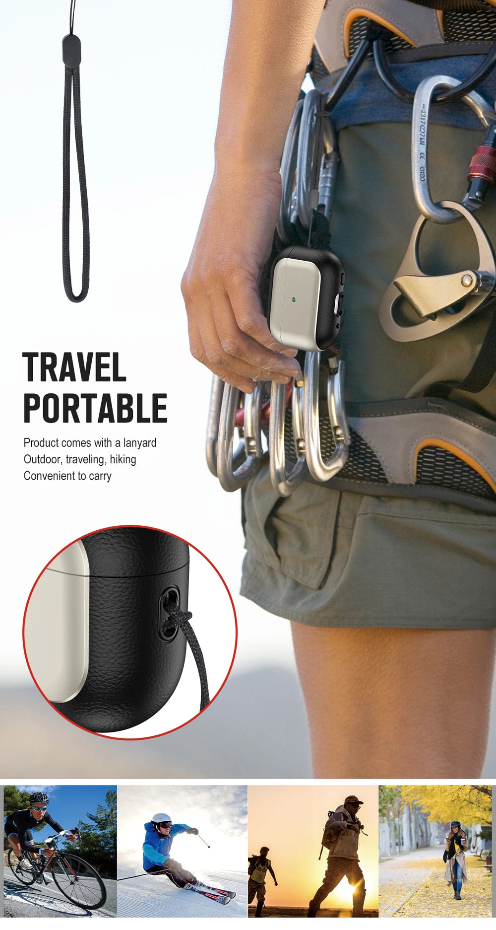 Travel earphone case with wrist lanyard, black leather texture on the edge, secure fit