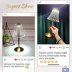 Cordless table lamp with ribbed clear shade and gold base, cordless use shown
