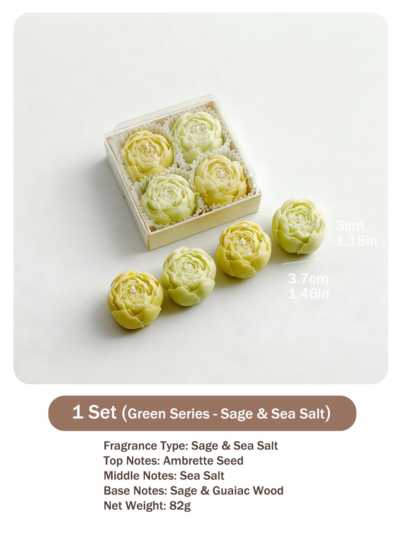 Green sage & sea salt rose wax candles in a wooden gift box, 4-pack