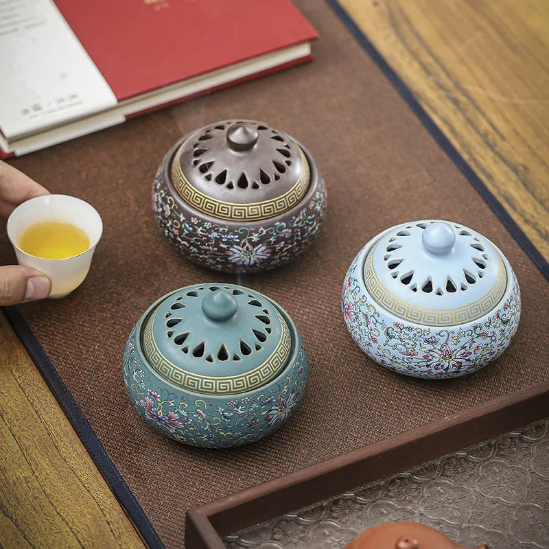 Enamel lotus incense burner with ornate perforated lid, retro brown and sky blue colors