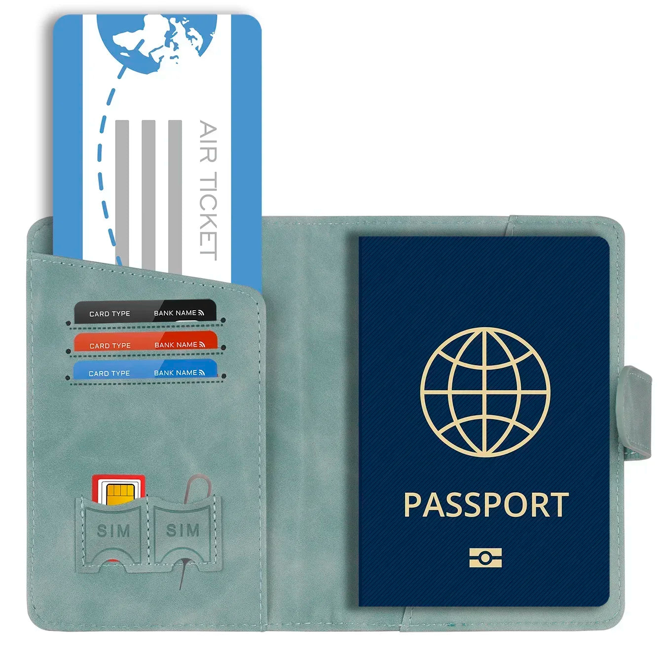 Sage green passport wallet open with card pockets and passport cover