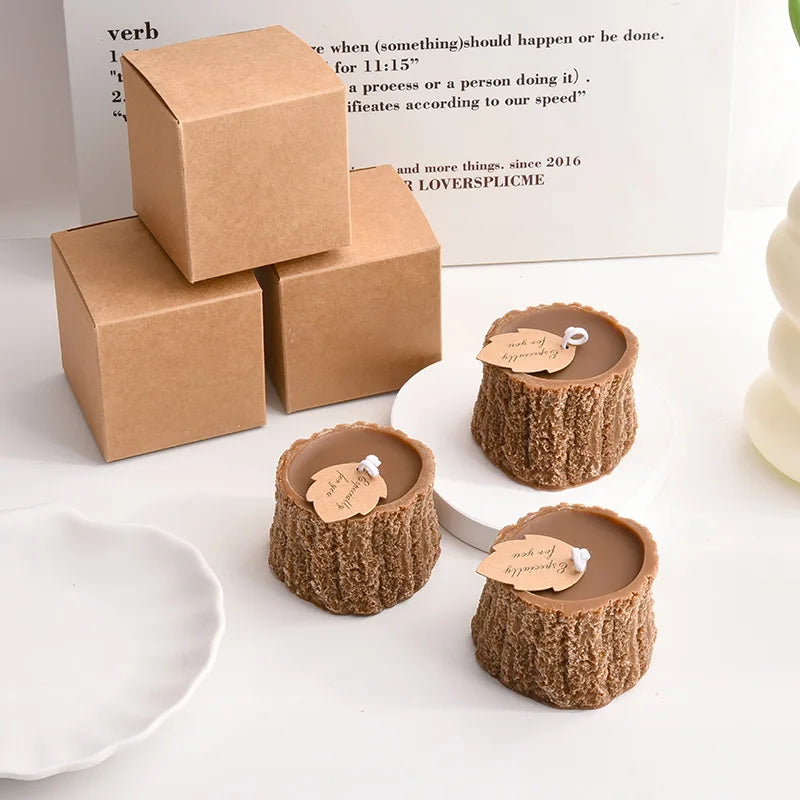 Woodland Tree Stump scented candle set, 2-pack of brown stump-shaped candles