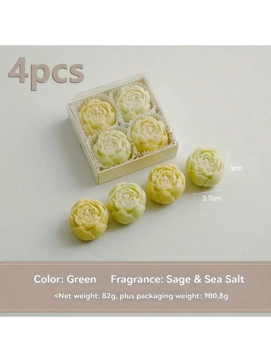 Rose Petal Soy Wax Candle Gift Set (Green): 4 rose-flower soy candles in box