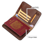 Warm espresso leather slim passport holder with card slots and passport pocket, open view