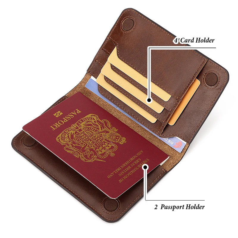 Warm espresso leather slim passport holder with card slots and passport pocket, open view