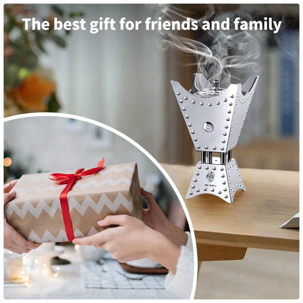 Electric oud incense burner, silver metal with visible steam rising