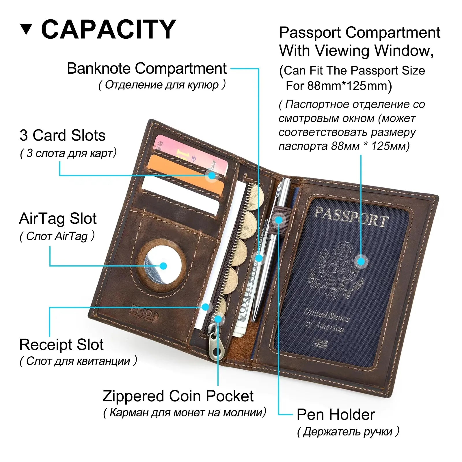 Brown leather passport wallet open with AirTag slot, receipt slot, pen holder, and zip coin pocket