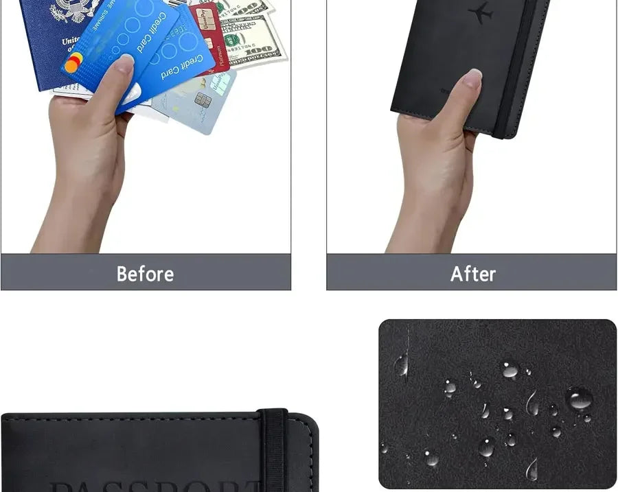 Passport wallet holding cards and a passport with side strap closure