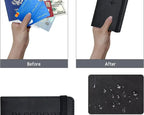 Passport wallet holding cards and a passport with side strap closure