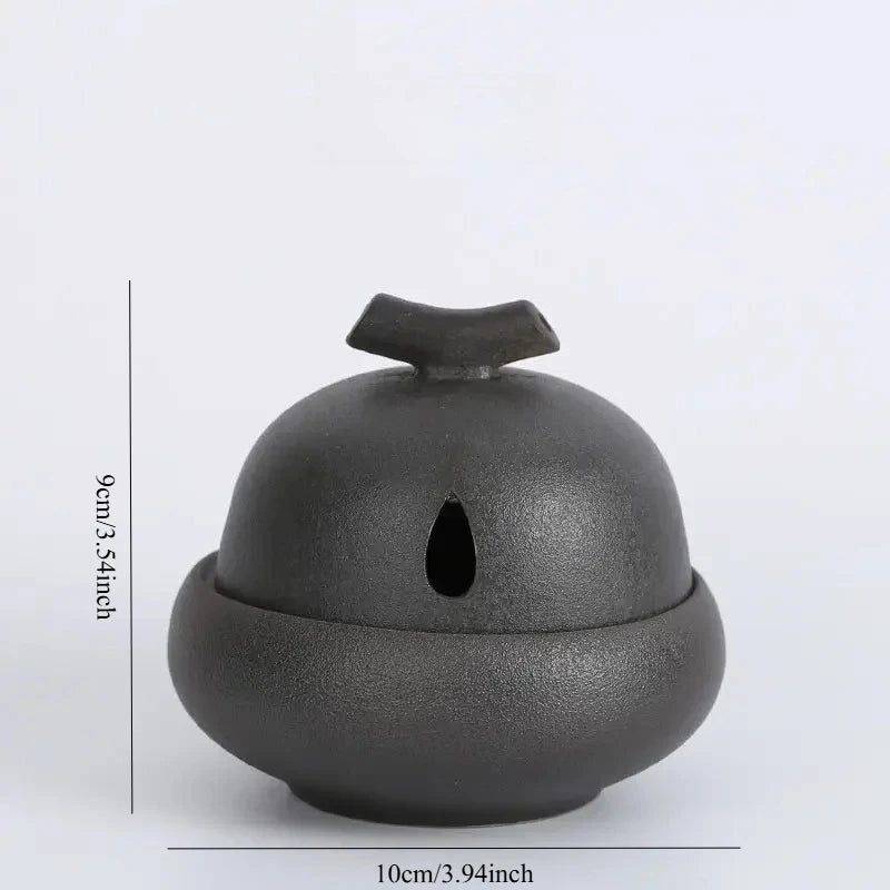 Ash glaze dark grey ceramic incense stove, oval vent on dome; 10cm size shown