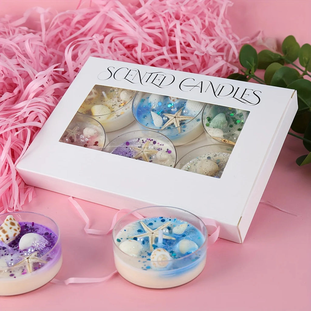 Duftkerzen-Geschenkset (6) mit Muscheldekor in weißer Box