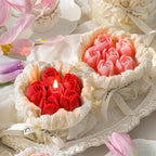 Romantic Bouquet Candle gift box with red and pink rose-shaped candles, one lit