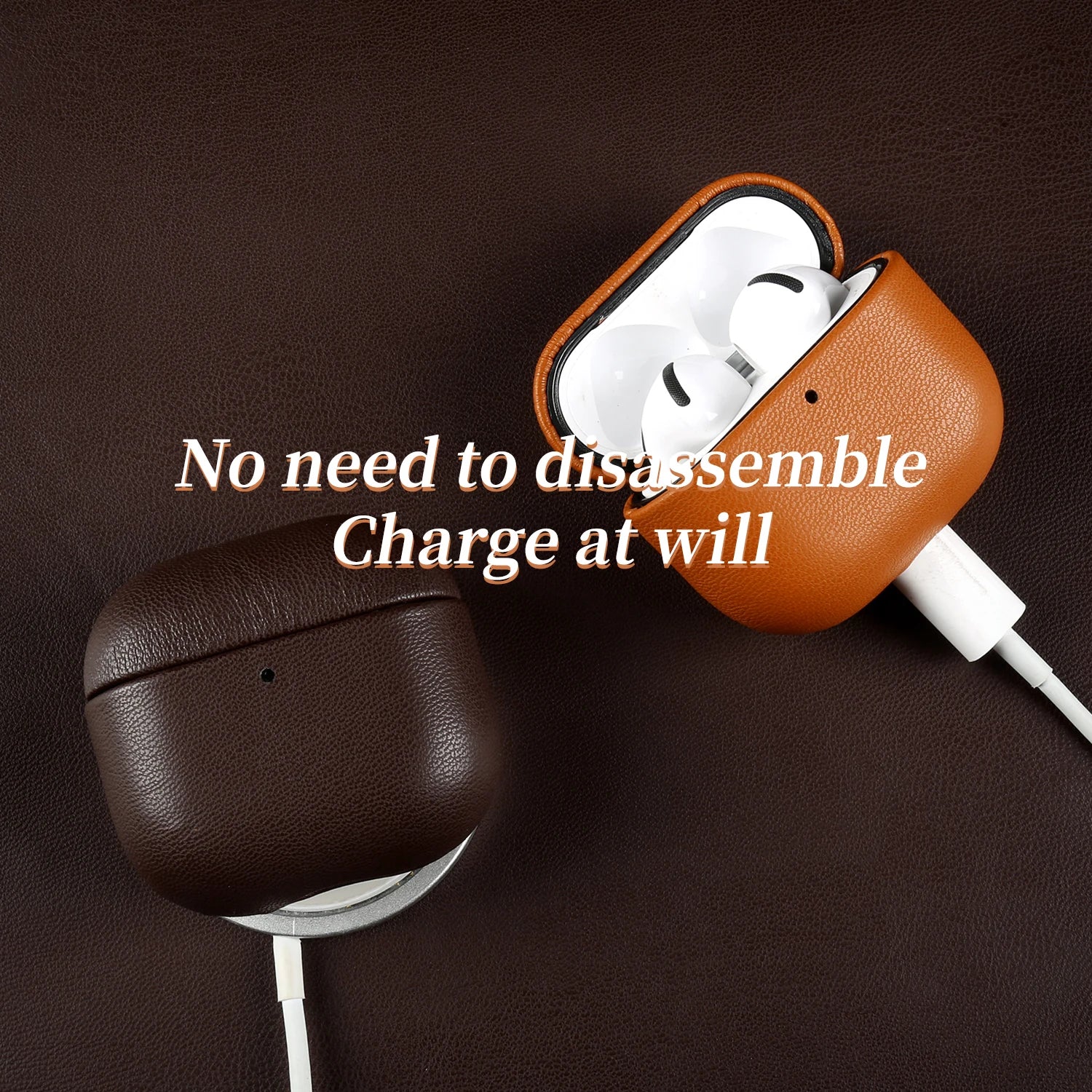 Tan eco-leather AirPods case with charging cable connected, earbuds inside