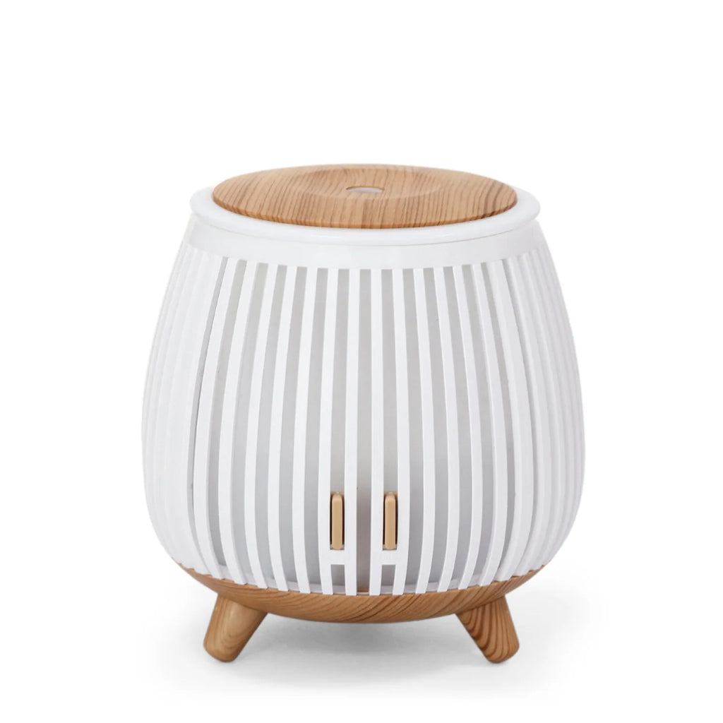White striped aroma diffuser humidifier with wood lid and tripod feet