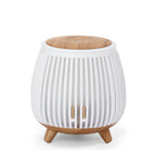 White striped aroma diffuser humidifier with wood lid and tripod feet