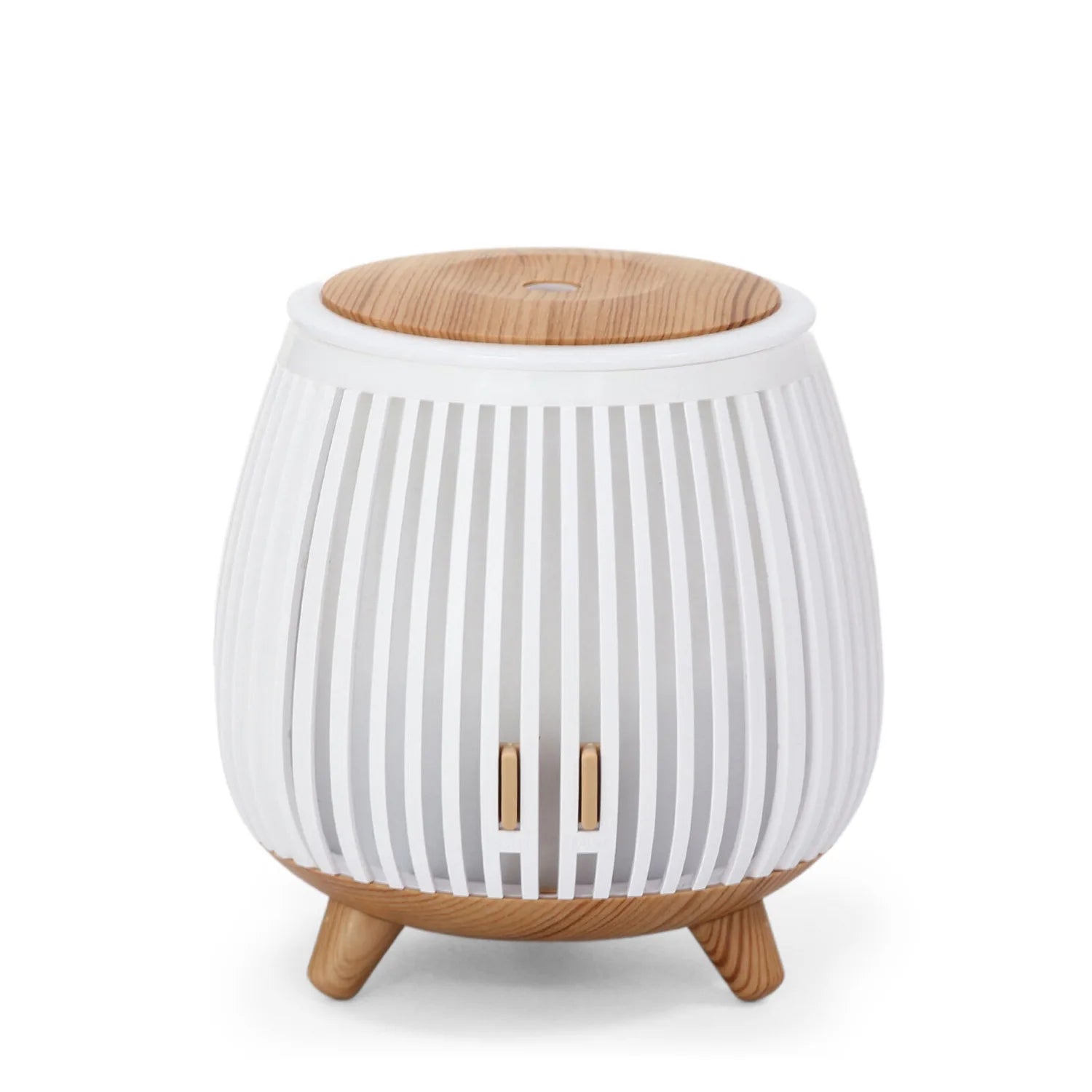 White striped aroma diffuser humidifier with wood lid and tripod feet